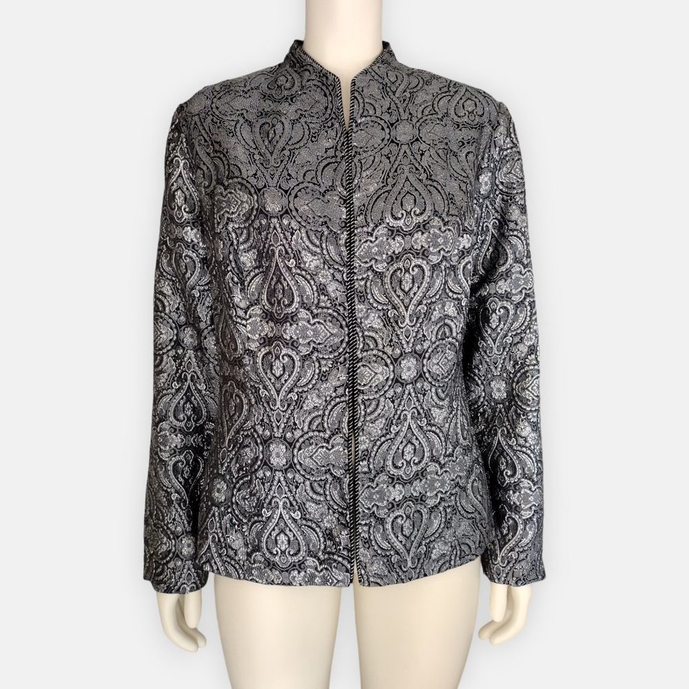 Dressbarn Black and Grey Metallic Damask Brocade Mandarin Collar Jacket